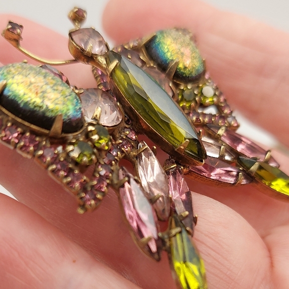 Vintage Butterfly Brooch Mid Century Multicolor Glass Crystals - Picture 10 of 16